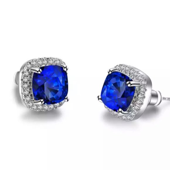 Jewelry - NEW Silver Sapphire Diamond Halo Stud Earring